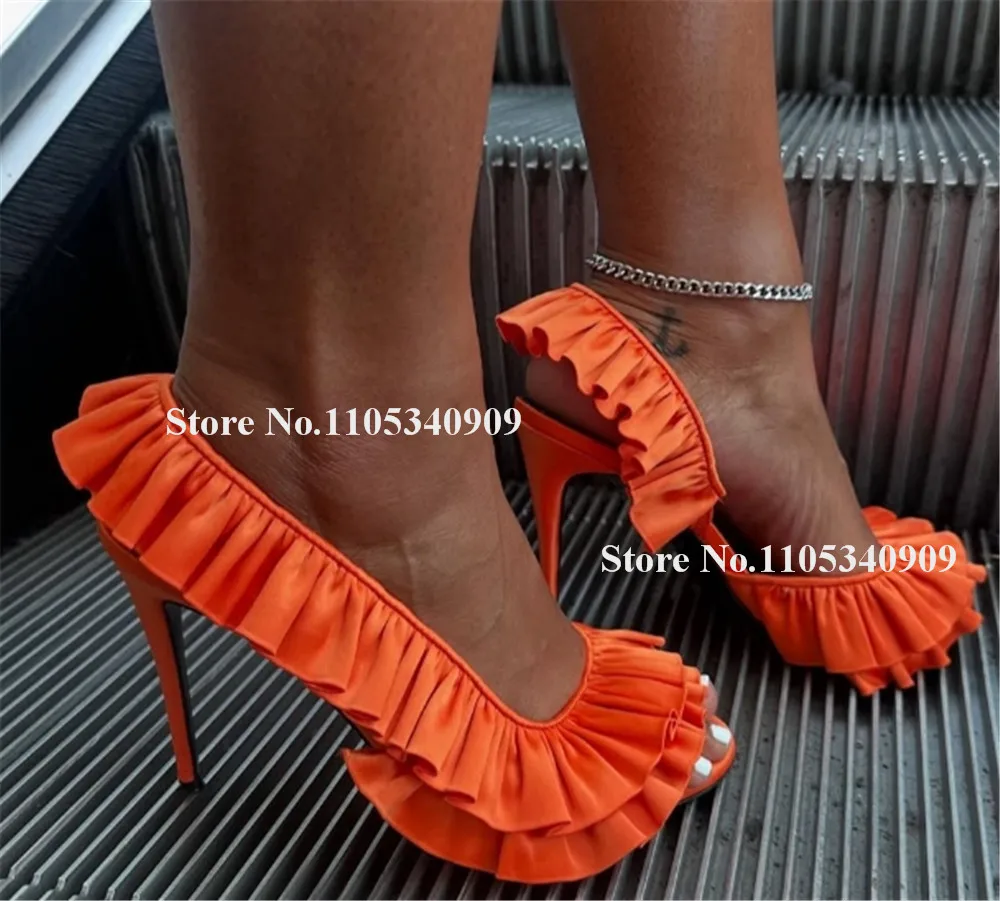 

Bondarenko Fashion Ruffles Stiletto Heel Dance Shoes Peep Toe Red Pink Blue Orange Fringes Satin Cut-out Thin Heel Pumps
