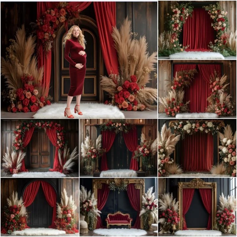 

Red Curtain Boho Flowers Photography Background Boho Style Wedding Bridal Shower Portrait Backdrop Decor Photo Studio Props