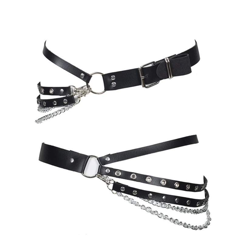 Fashion Women Gothic Punk Waist Belt Chain Metal Circle Ring Design Silver Pin Buckle Leather Black Waistband Jeans Waist Belts