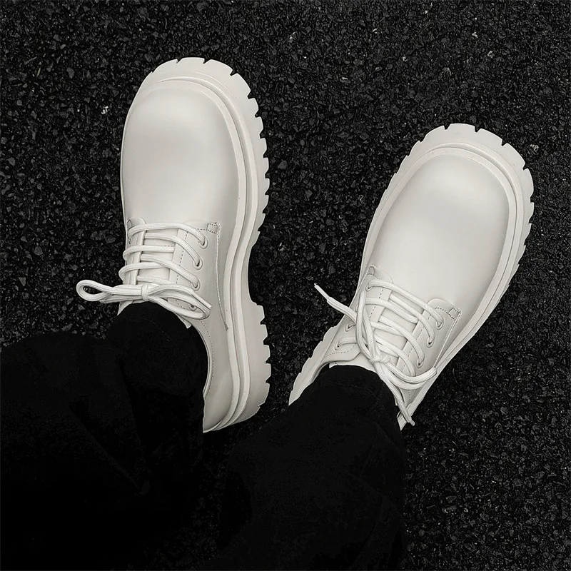 large size mens casual business office platform shoes lace-up genuine leather derby shoe black white sneakers gentleman footwear