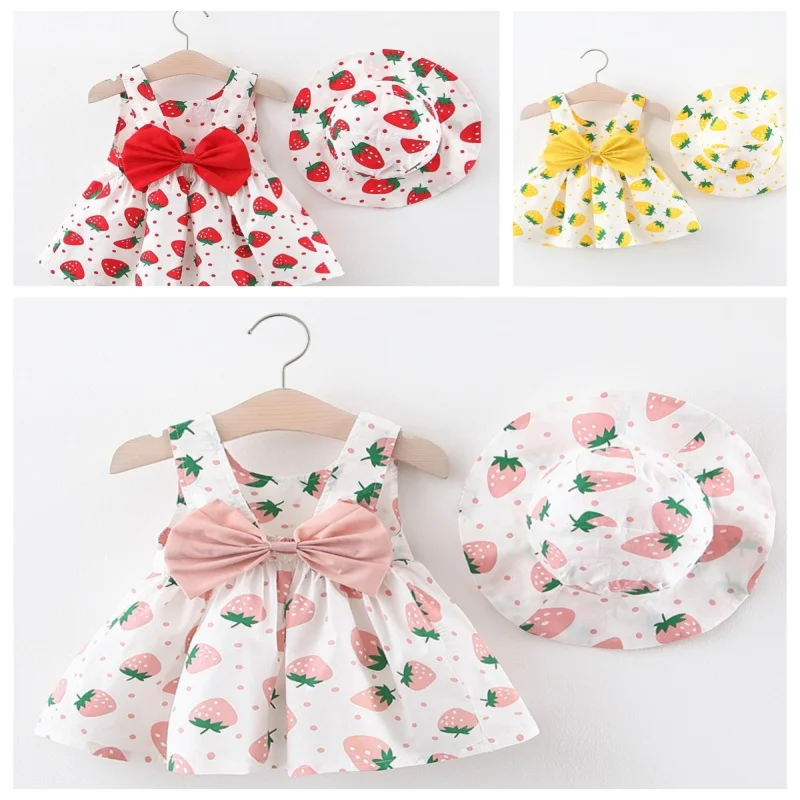 New Summer Dress for Girls Baby Printed Strawberry Bow Skirt Hat Included