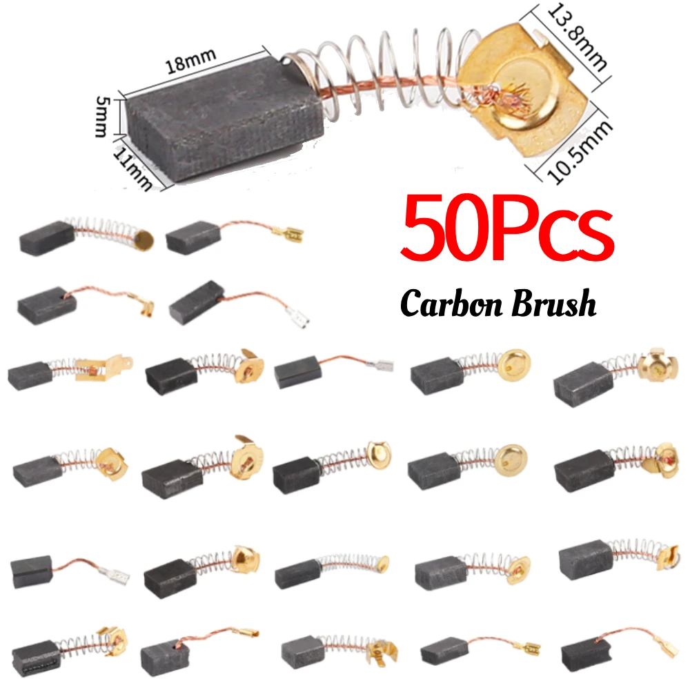

50 шт., набор угольных щеток для двигателя, запасные части, угольная щетка, электрический молоток, режущий полировальный станок, электроинструмент, электрические инструменты