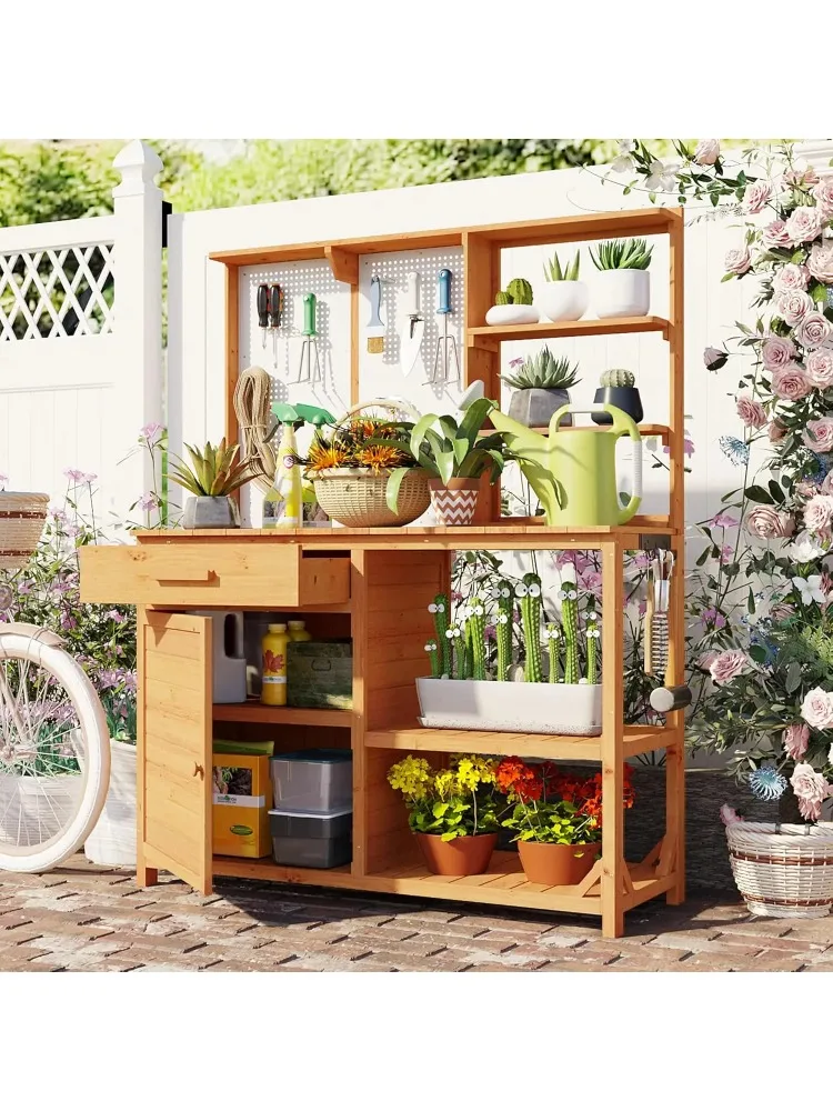 

Potting Bench with Hutch - Outdoor Garden Workstation with 4 Shelves, Drawer & Adjustable Storage, 50.2" Countertop, &