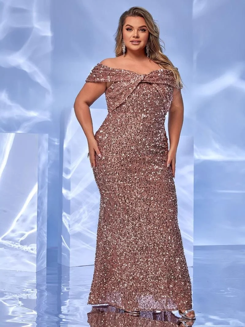 

plus Size Long Wedding Par Banquet iny Sequin Evening Gown Women's Faion Luxury Ele Silken One oulder Dr