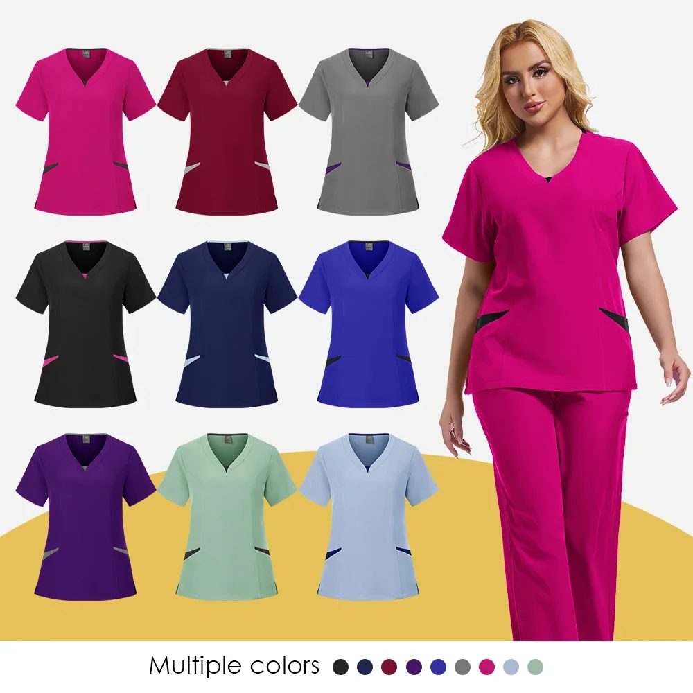 Multicolor scrub uniform Short sleeve top pants care uniform Women's pet shop Doctor scrub Medical surgery overalls scrub set