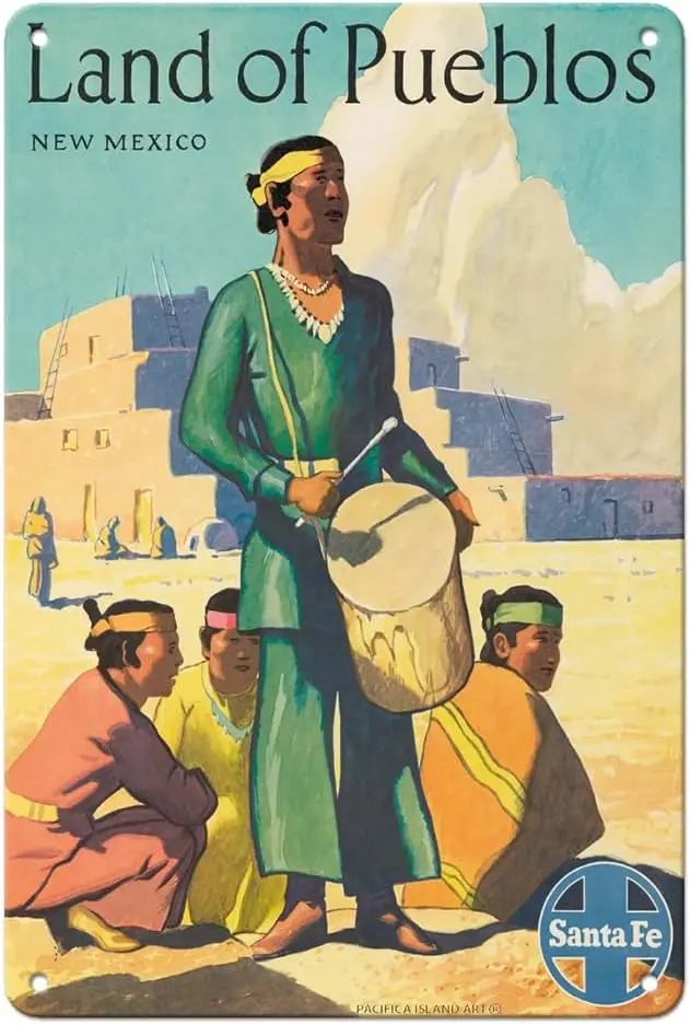 Land of Pueblos New Mexico - Puebloans - Santa Fe Railroad - Vintage Railroad Travel Poster c.1950s - 8 x 12 inch Vintage M sign