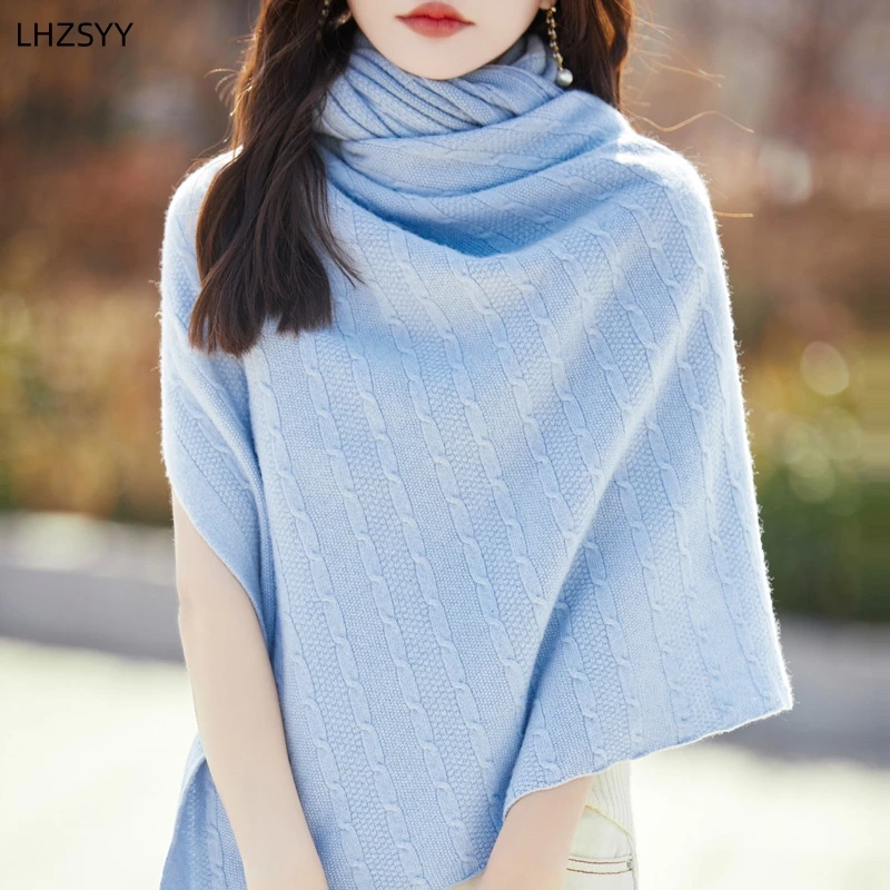 LHZSYY 2024Spring Autumn New Shawl 100%Merino Knit Wool Sweater Loose Fashion Large size Cardigan Ladies Lazy Wind Scarf Outside