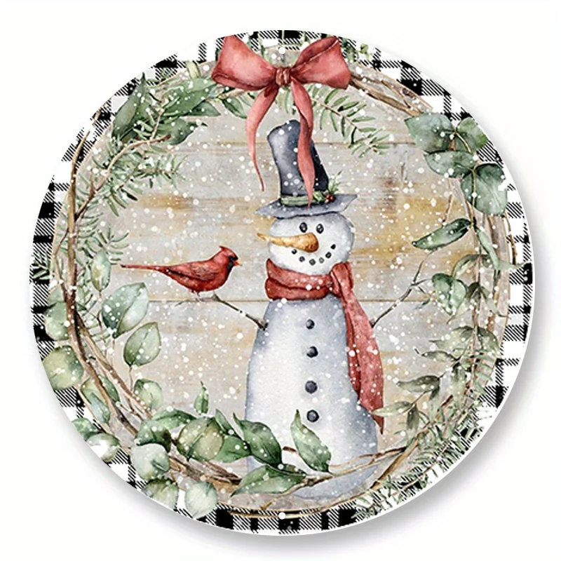 2D 1pc 8x8inch Aluminum Metal Sign Snowman with Cardinal Wreath Sign, Metal Wreath Sign, Winter Wreath Sign, Round Wreath Sign