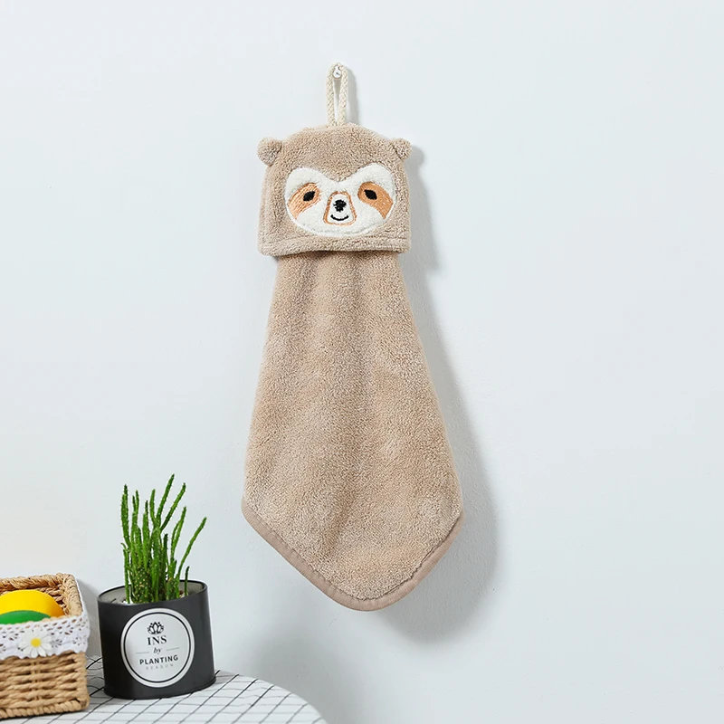 Hand Towel for Kids Absorbent Hanging TypeAnimal Embroidered Towelette Home Decora Coral Fleece Hand Towel Bathroom Supplies