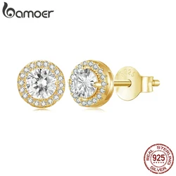 BAMOER Gold Plated Classic Halo Stud Earrings, 925 Sterling Silver Hypoallergenic Elegant Earrings Engagement Wedding Jewelry