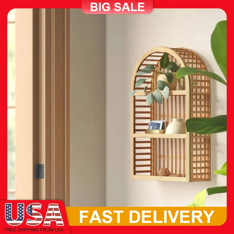 

12x20 Inches Wood Rattan Wall Shelf Vertical Hanging Shelf with Multiple Shelves for Living Room Bedroom Bathroom Decoration