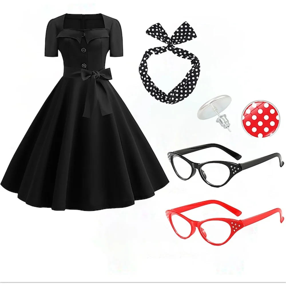 

Retro 1950s Swing Dress Accesories Set Flare Dress Necklace Earrings Audrey Hepburn Women's Buckle Dress Club Dres