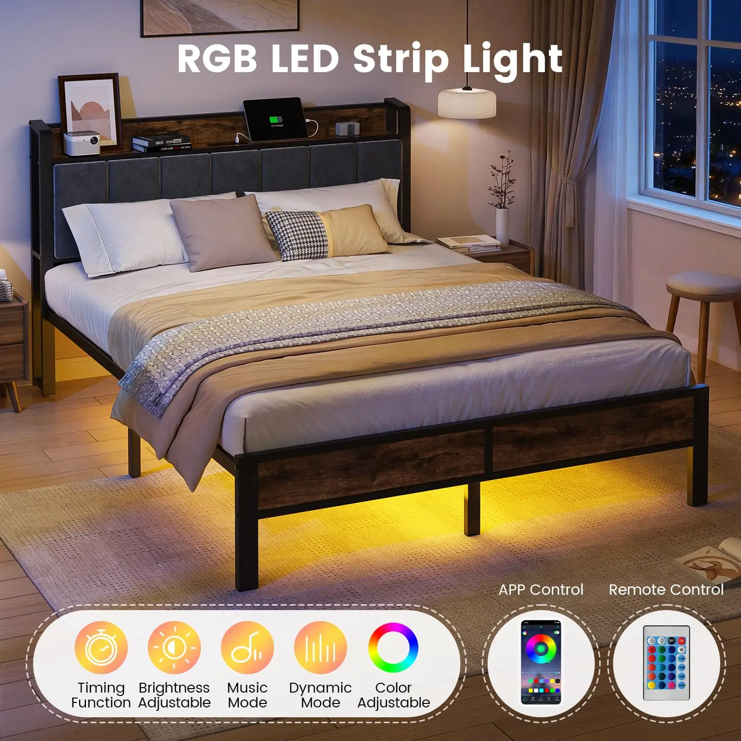 إطار سرير بحجم كوين مع أضواء LED، لوح رأسي منجد مع مساحة تخزين ومحطة شحن، منصة معدنية مع شرائح، بدون صندوق