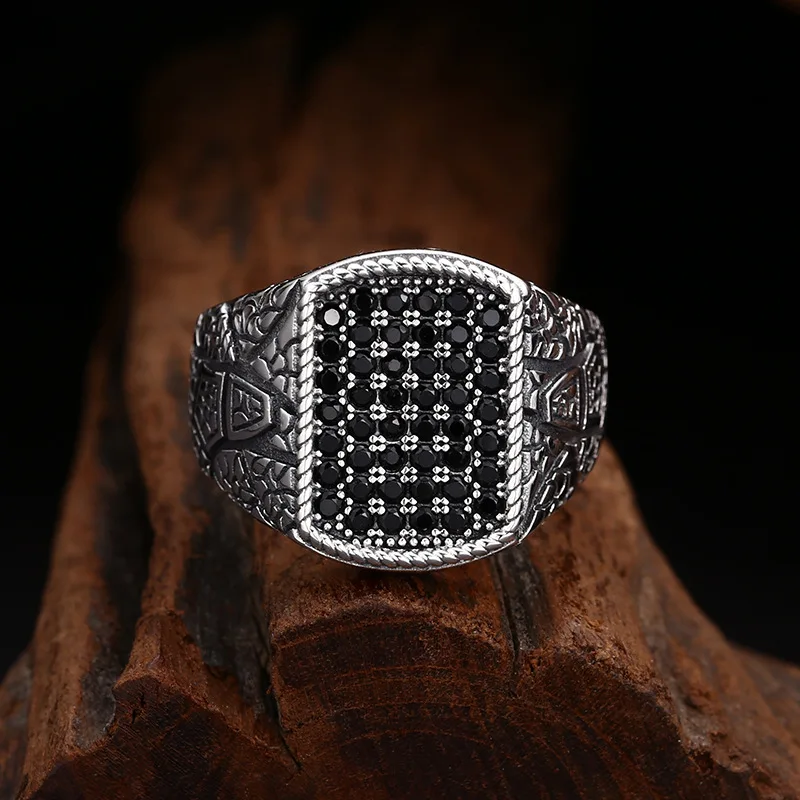 S925 Sterling Silver Black Zircon Adjustable Ring Punk Style Hip Old Process Free Size Crack Fine Jewelry FYRNG121