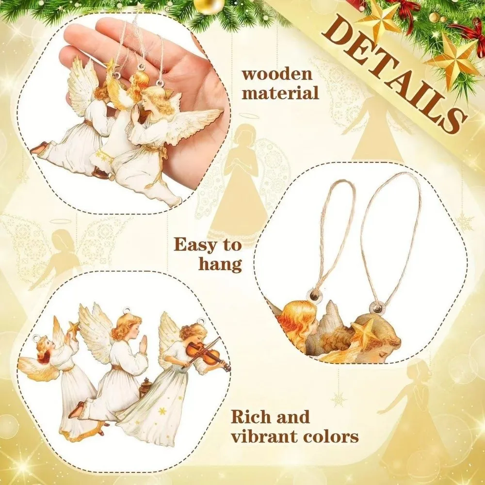 12-teiliges neues handgefertigtes Victoria-Engel-Ornament-Set, 2D-flacher Weihnachtsbaum-Anhänger aus Holz, traditionelles Design, DIY-Weihnachtsdekorationen – Detail 3