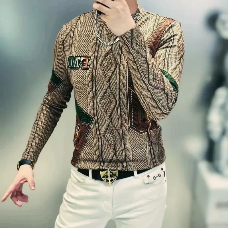 

Men's Autumn Inner Wear Warm Long Sleeved T-shirt Winter Fashion Printed Thermal Storage Head Cover Shirt Underwear Warm Top