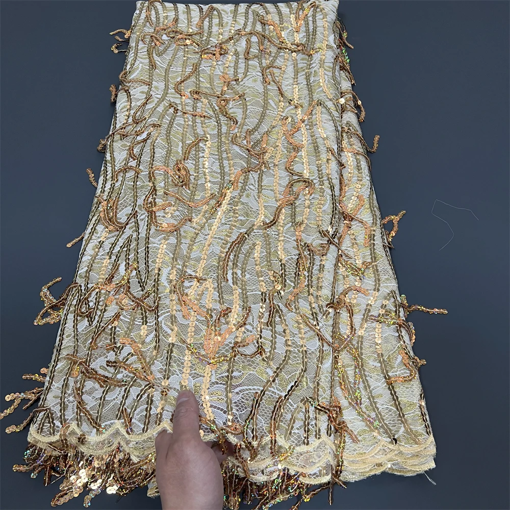 

2025 High Quality African Nigerian With Tulle Lace Fabric Sequins Embroidery Dresses Beads Sewing Guipure Prom 5Yards PS0074