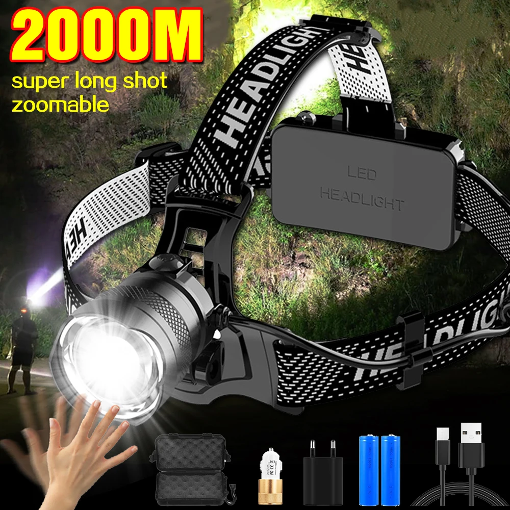 

Powerful LED Sensor Headlamp Zoomable Long Shot 18650 Headlight USB Rechargeable Camping Head Flashlight Outdoor Emergency Light