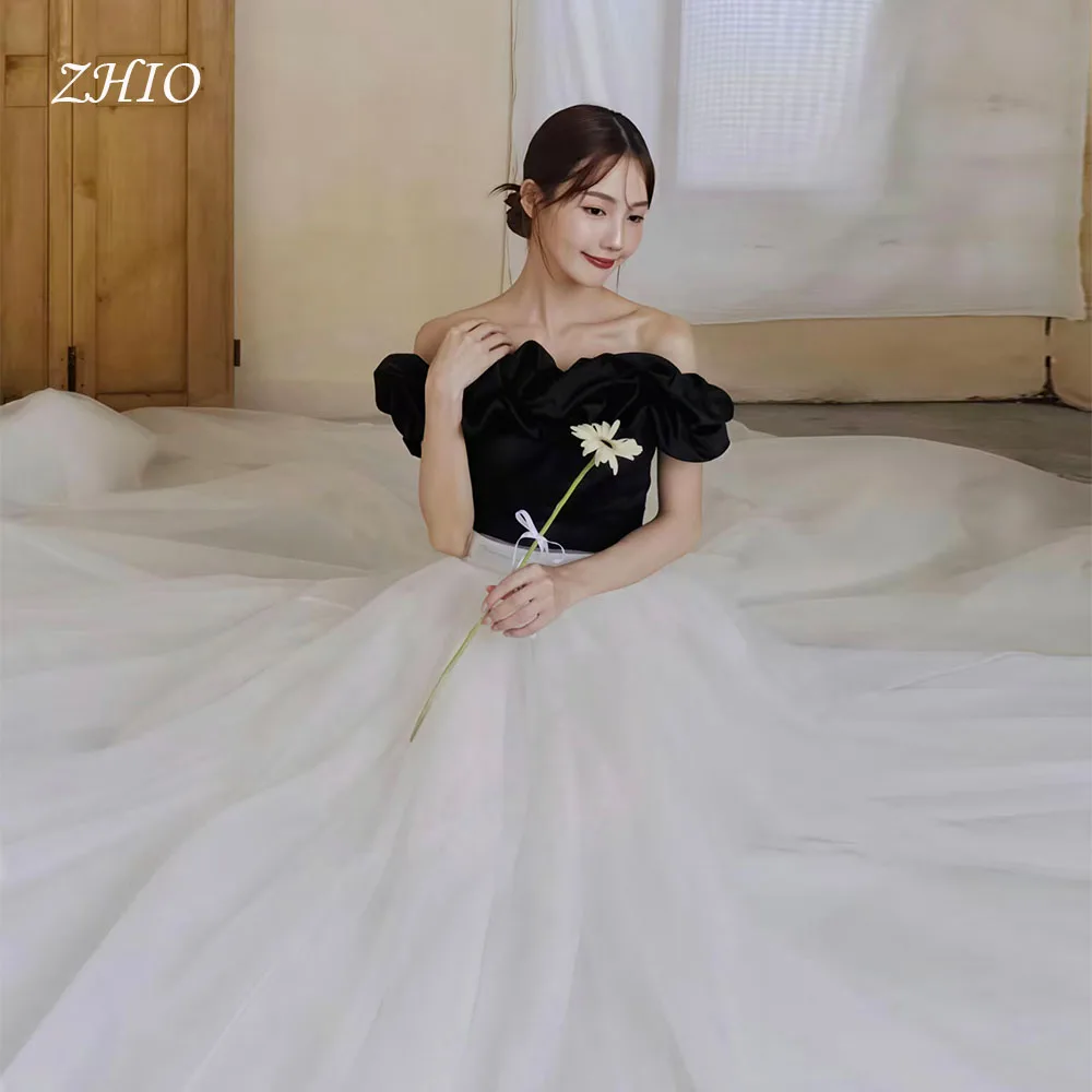 

ZHIO Black Contrast White Wedding Dress Sweetheart Off Shoulder Korea Photo Shoot Bridal Reception Gown Customized 저녁 드레스