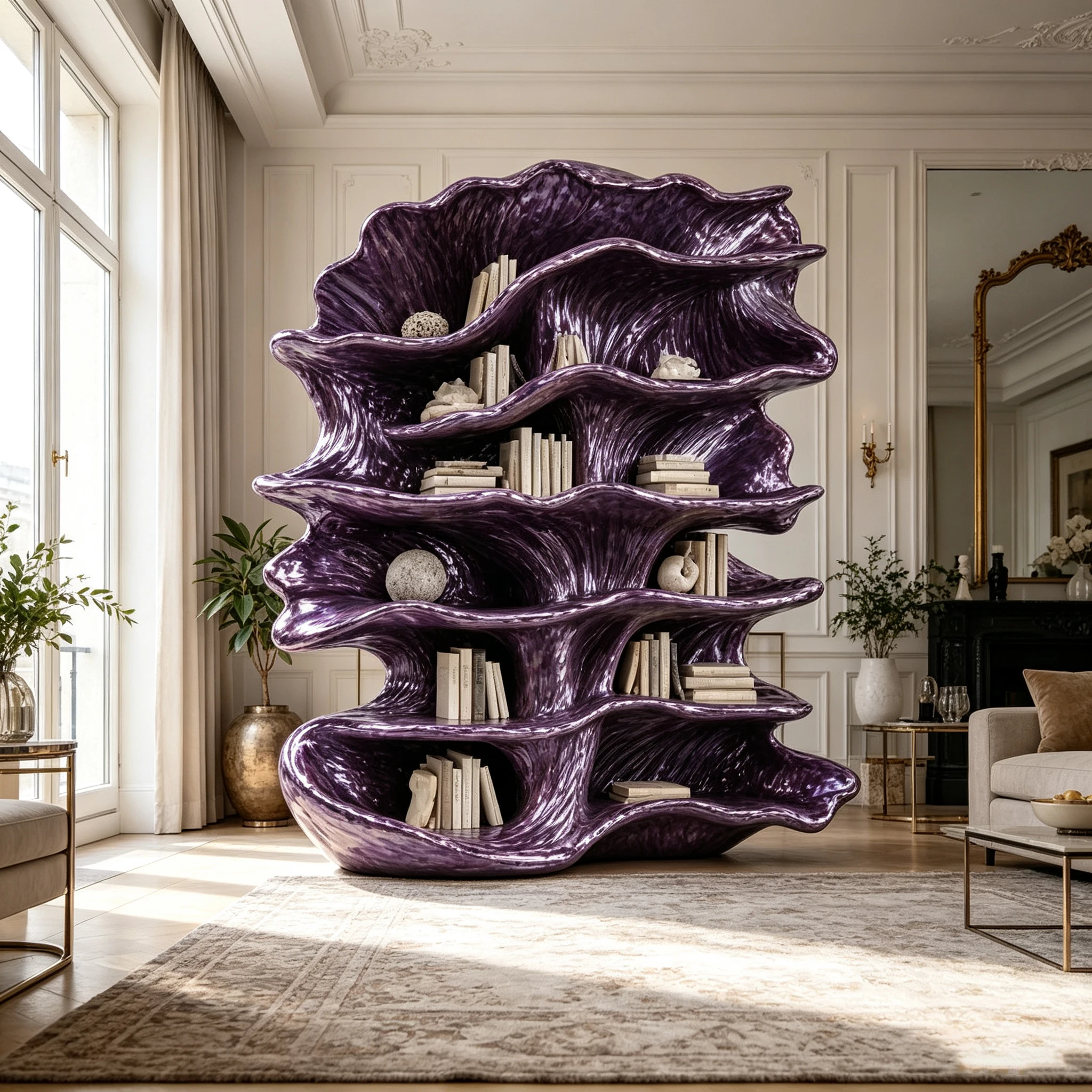 c*-Gloss Purple Ruffled Wave Sculpture Bookshelf Integral Fiberglass Frame for Home Study Book Ornament Storage
