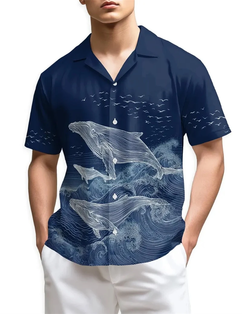 

Vintage Fashion Hawaiian Men's Short Sleeve Shirt Whale Spray Print Beach Lapel Top 2026 New Large Size Casual Women Blouse Tops