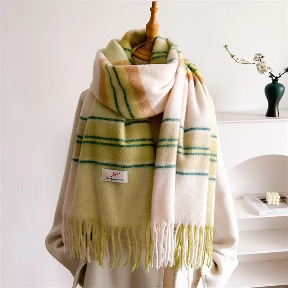 Soft Faux Cashmere Scarf Classic Tassels Thickened Warm Stripe Shawl Plaid Design Color-Block Blanket Scarf Autumn Winter