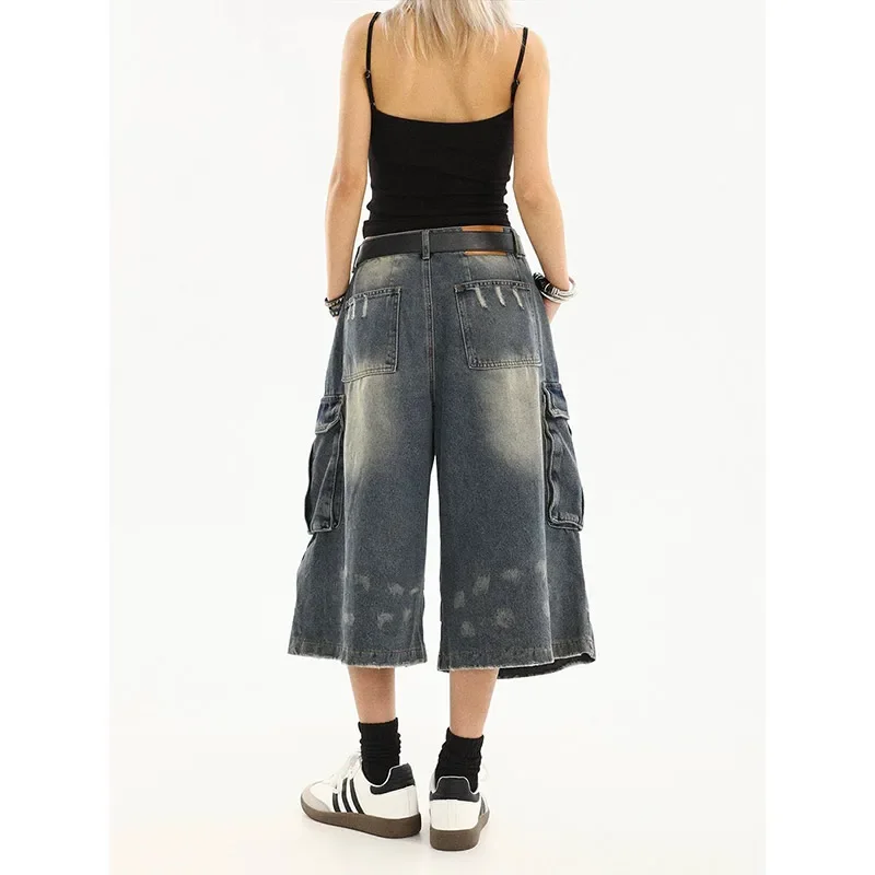 American Style Women Vintage Washed Workwear Denim Shorts with Multiple Pockets Pleated Design Loose Drapey Seven-Foot Pants