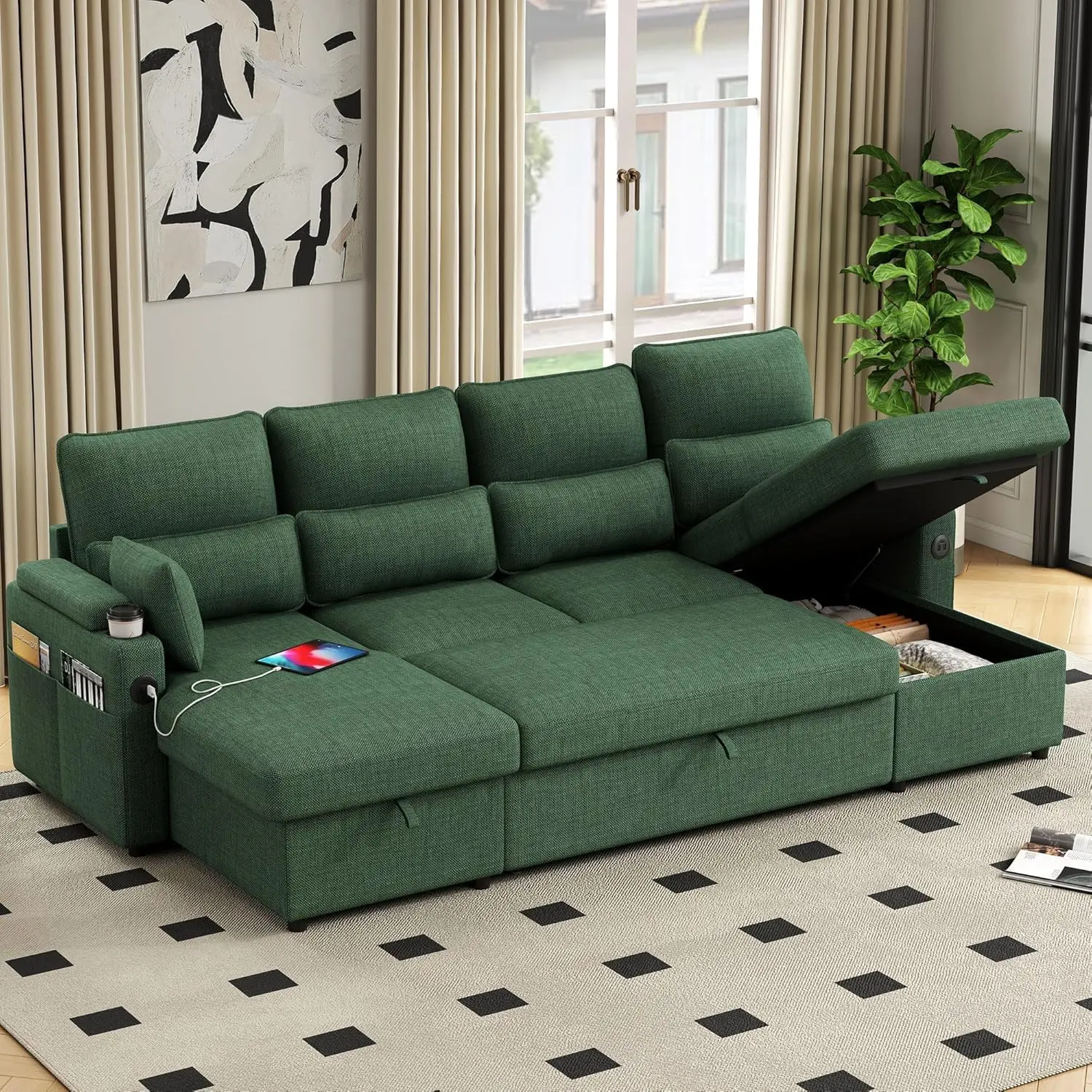 U-Shaped Sectional Sofa Pull-Out Sleeper Bed Storage Chaise Cup Holders USB Ports Living Room Apartment 104.7", Customized