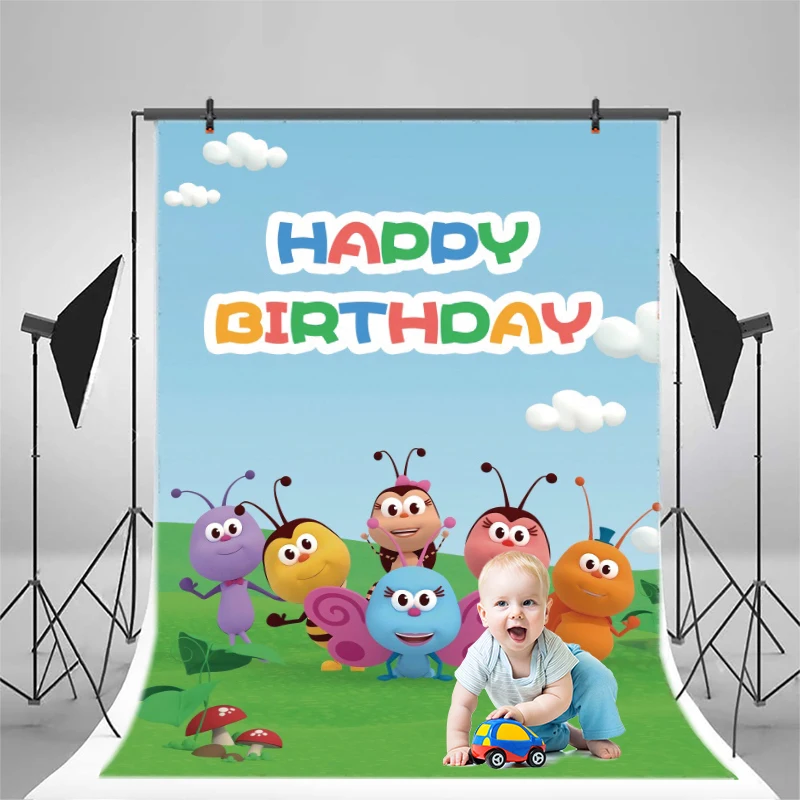 BichiKids Backdrop Happy 1st 2nd Birthday Party Decoration Photo Background Green Grass Blue Sky Cloud Photography Studio Props