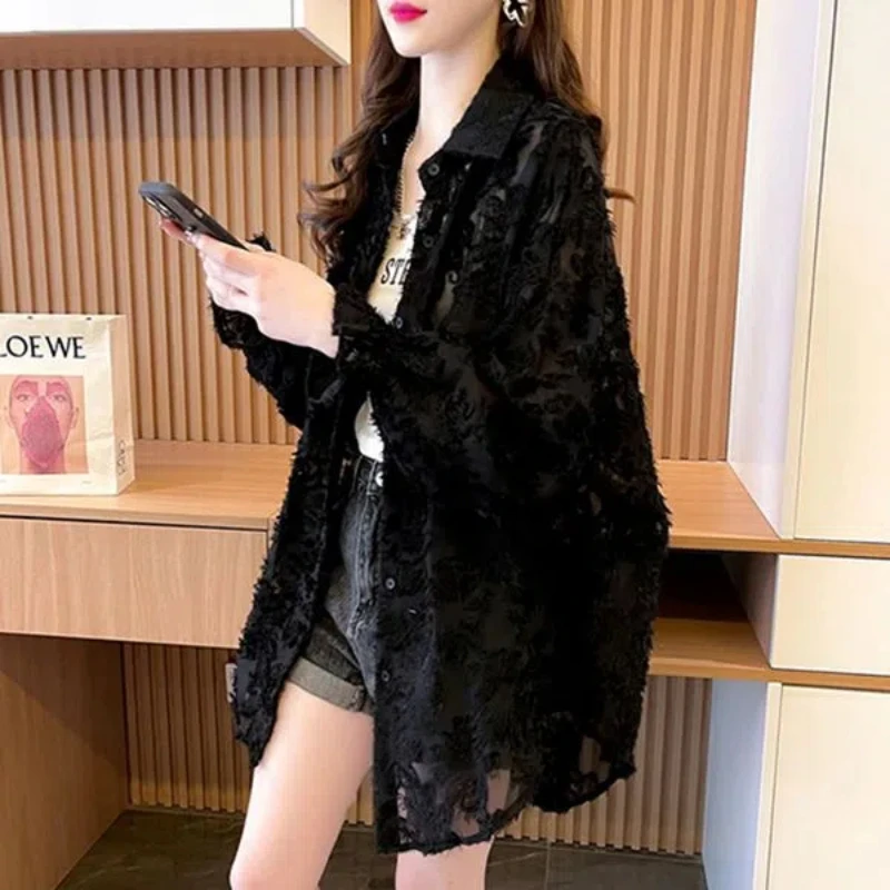 Korean Polo Neck Puff Sleeve Loose Casual Shirt Summer Loose Thin Long Sleeve Protection Shirt Fashion Elegant Women Clothing