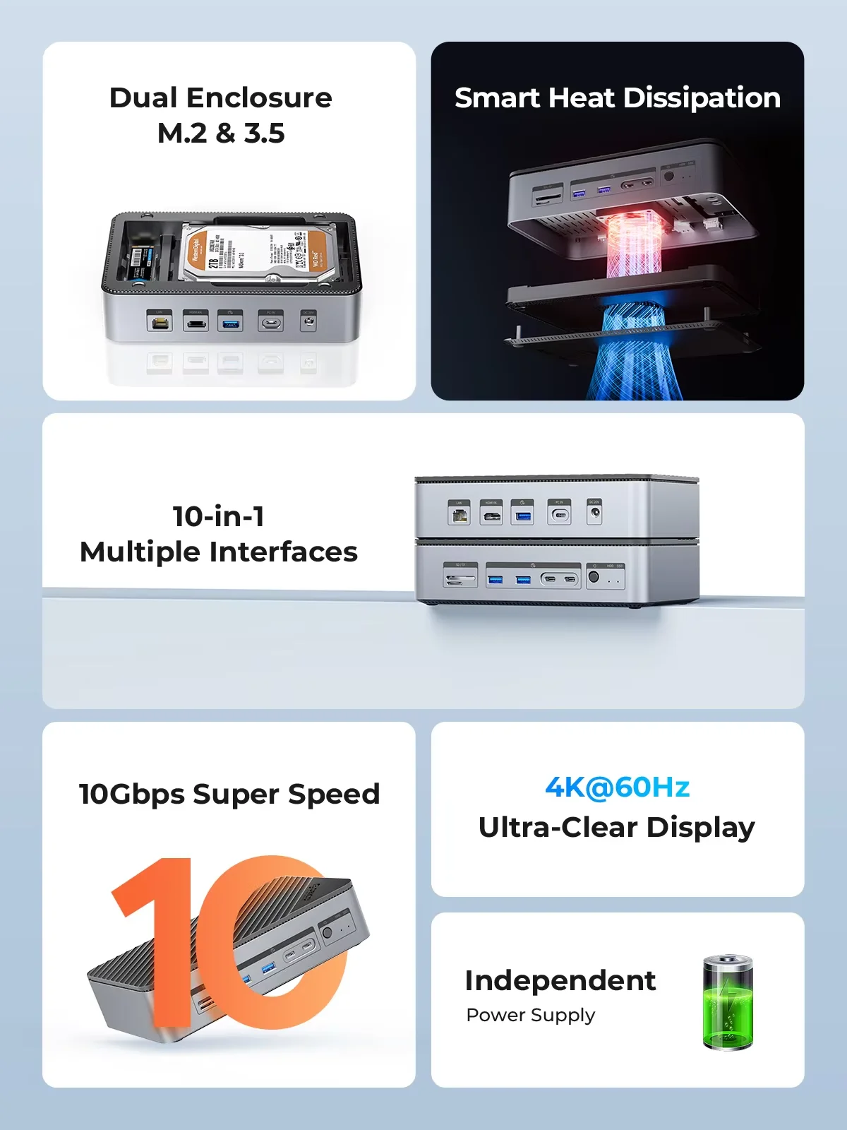 

Док-станция ORICO с двумя отсеками для M.2 NVME SSD, корпусом для 3.5-дюймового жесткого диска, Steam Dock 10-в-1, HDMI 4K60Hz, PD100W, Ethernet