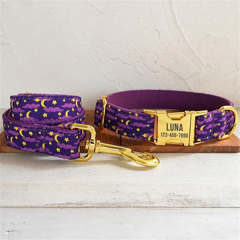 Personalized Dog Collar with Free Engraving, Matching Pet Leash,Customzied Contacts Metal Buckle, Purple Moonlit Night Collar