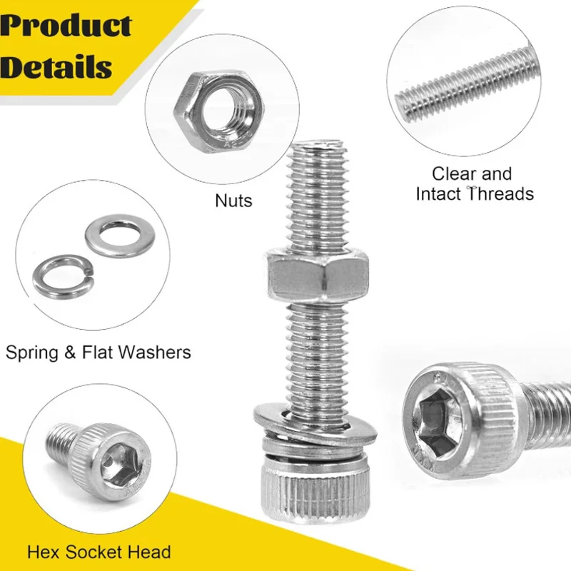 Screws Assortment Kit M2 M2.5 M3 M4 M5 M6 304 Stainless Steel Hex Socket Head Bolt Nut Washers Spring Set Box for DIY 3D Printer