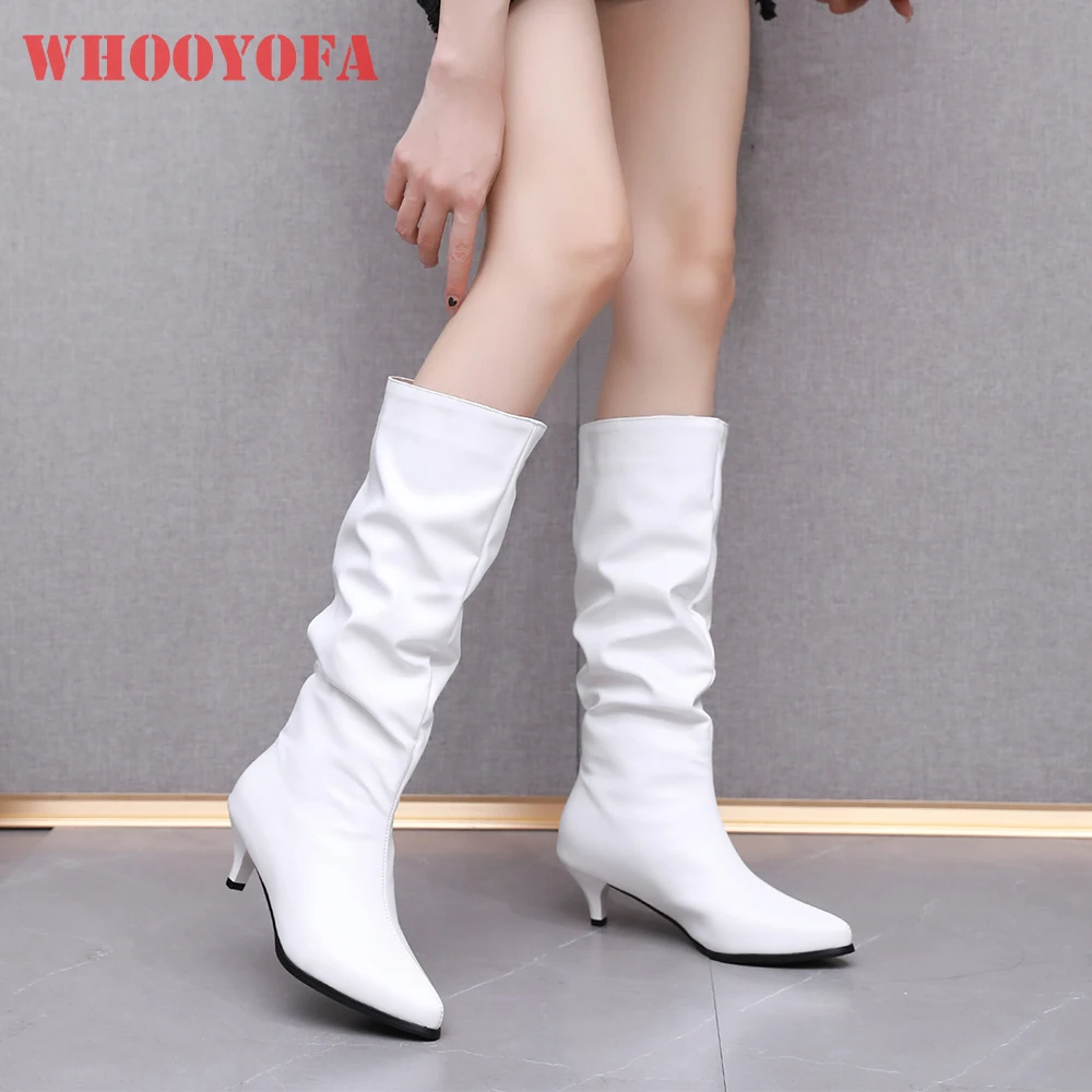 Winter Glamour Women Knee High Boots Pointed Toe 5cm High Heels Wide Fit Lady Shoes Large Plus Size 11 44 47 Fold over