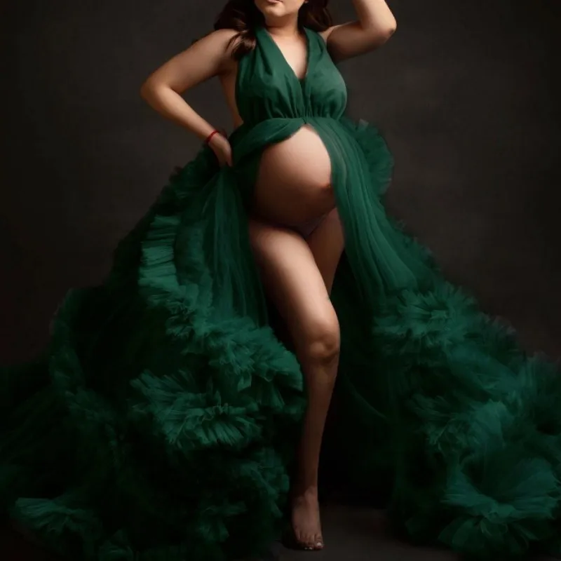 Vestido de fotografía de maternidad para mujer embarazada, vestido de noche con volantes y cuello en V para fiesta de embarazo y Baby Shower