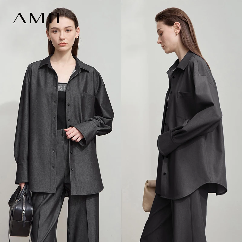 AMII 2025 Autumn Women Shirt Retro Imitation Denim Office Lady Tops Casual Loose Trousers Wide-leg Pant Separately 12543014