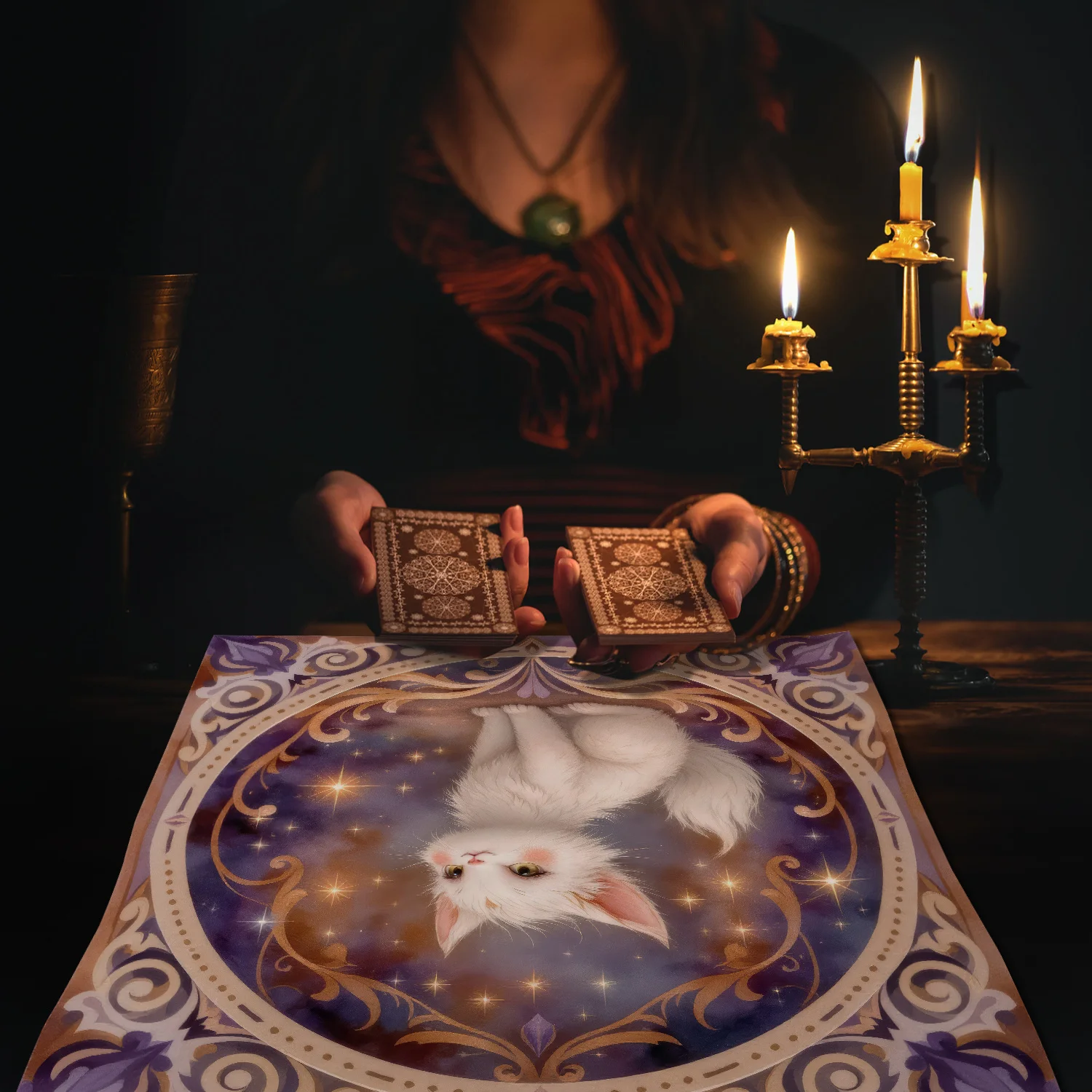 Mystical Fantasy Cat Tarot Cloth Mat Purple White Star Decor Frame Polyester Machine Made Ideal for Divination Home Decor