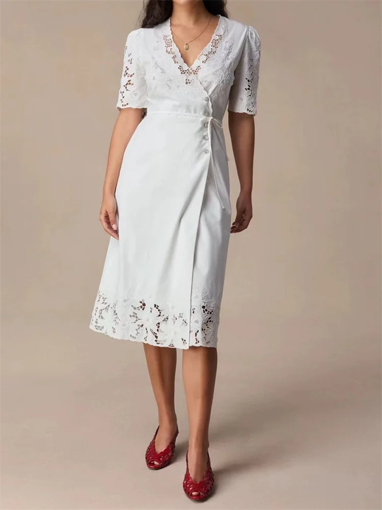 Ladies Short Sleeve Tea Break Robe Waist Lace-Up Retro Hollow Out 2024 New Women Embroidery V-Neck Wrap Midi Dress with Buttons