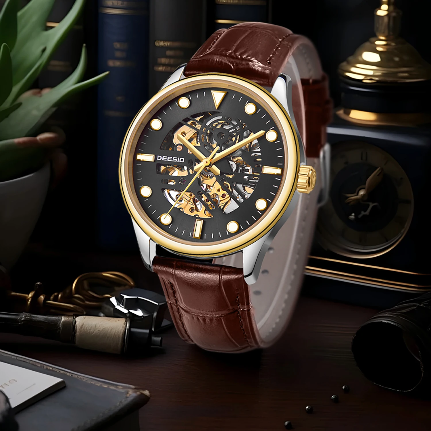 ساعة Deesio للرجال هيكل عظمي أوتوماتيكية مضيئة مقاومة للماء من الفولاذ المقاوم للصدأ وحزام جلدي كريستال الياقوت كاجوال للأعمال