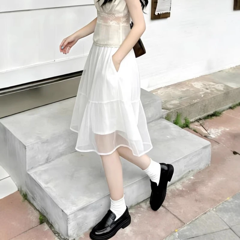 2026 Summer New Casual Style High Waist Versatile Double layer Cotton Splicing Mesh Half length Skirt for Women