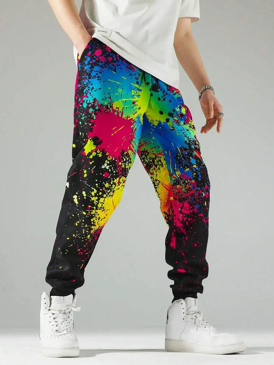 Manfinity Homme Men Splash Ink Print Drawstring Waist Pants, Going Out Long Casual Pants, For Husband, Boyfriend Gifts Rave