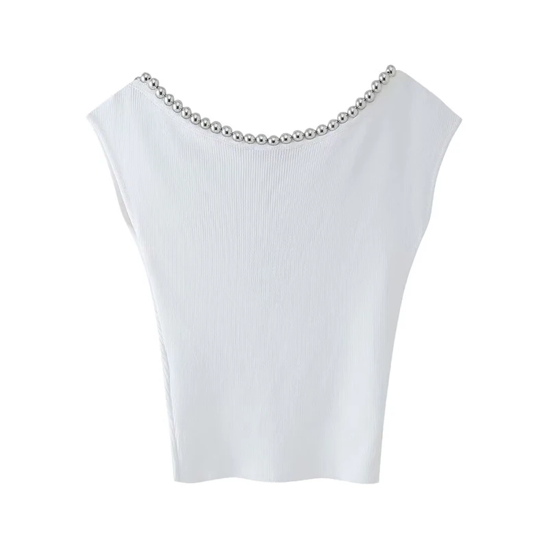 Willshela Women Fashion White Beading Knitted Vest Tank Tops Vintage O-Neck Sleeveless Female Chic Lady Tops