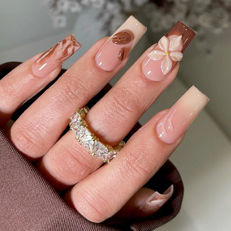 

24Pcs Brown Smudge French Fake Nails Press on 3D Flower Coffee Bean False Nails Long Square Head Wearable Full Cover Nails Tips