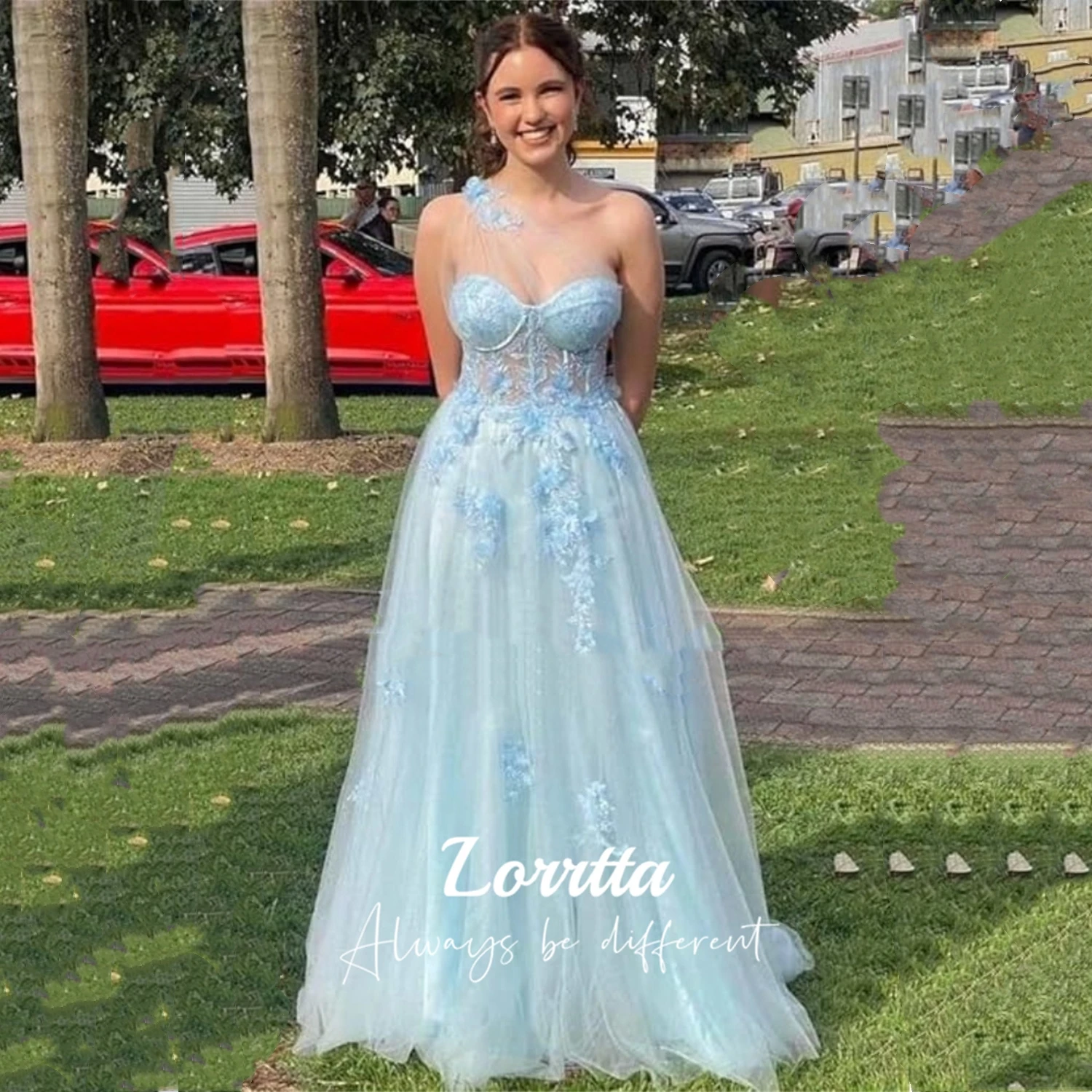 

Lorrtta Sweetheart Applique Tulle A Line Ball Gown Blue Evening Gown Sweet Sexy One Shoulder Side Slit Princess Party Dress