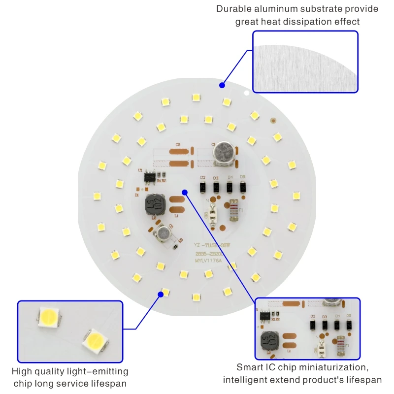 Puce LED pour ampoule de 55W, 45W, 38W, 28W, 18W, 14W, 10W, 5W, 2835SMD, DOB, perles lumineuses rondes, AC 220V, pas de puce Fleccef, lampe