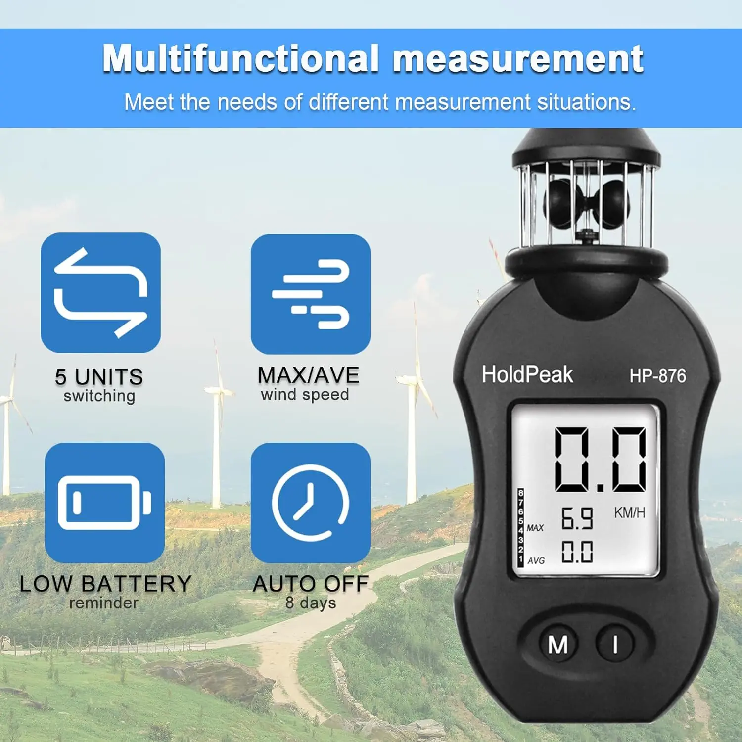 

HoldPeak HP-876 Portable Cup Anemometer with LCD Display - Measures Current, Maximum, and Average Wind Speed for Shooting