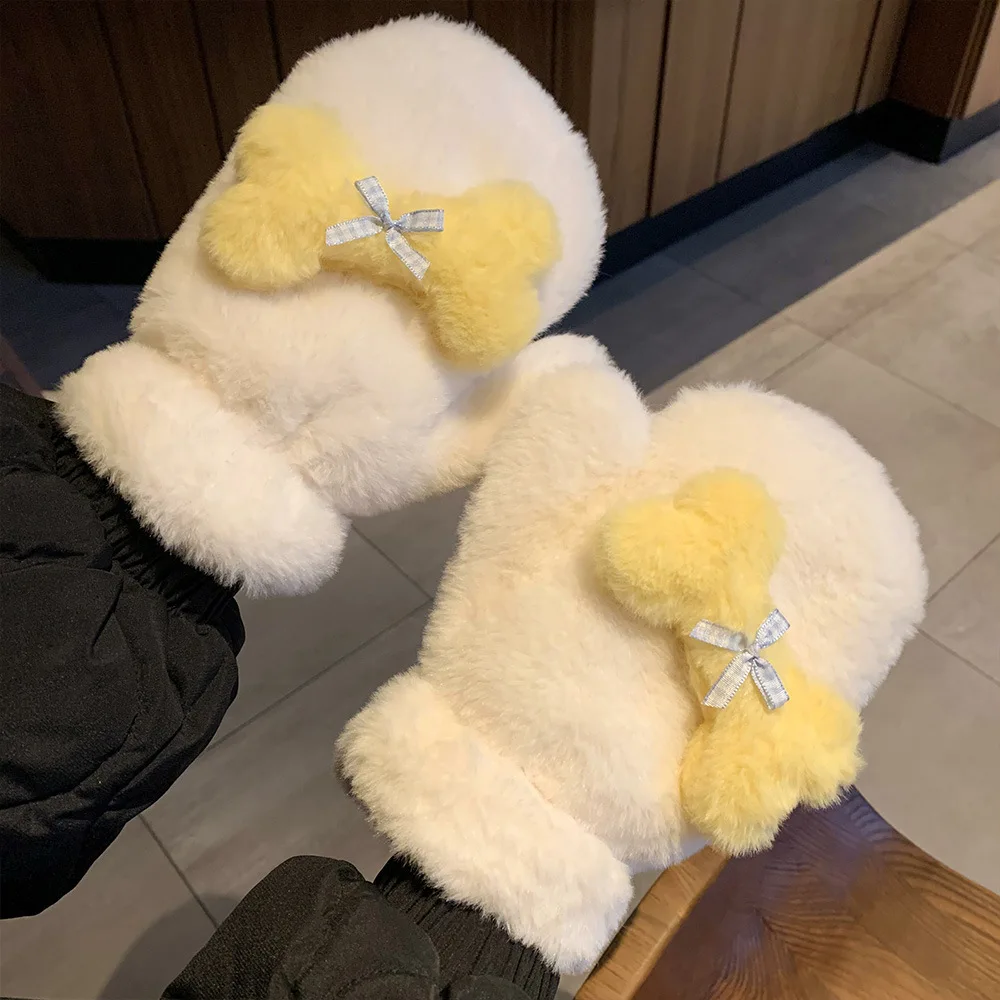 Laides' Plushed Mittens Winter Japanese Bow Kawaii Sweet Cute Funny Gloves For Girl Thickened Warm Cycling Students High-quality
