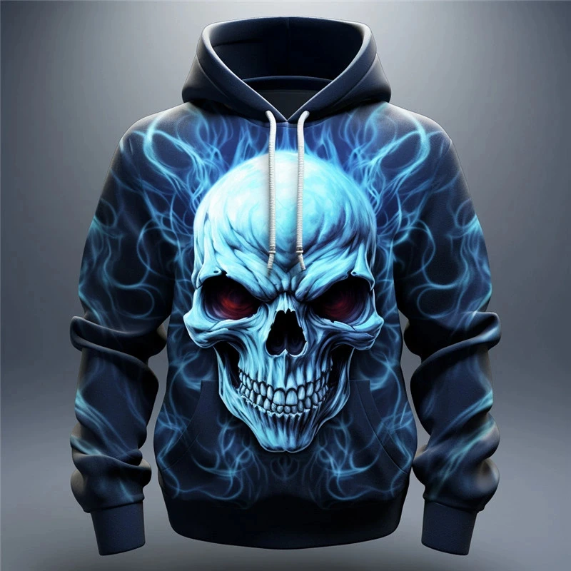 Men's Skull Flame 3D Print Hoodies Hip Hop Street Style Outdoor Long Sleeve Hooded Sweatshirt Casual Men Sports Daily Streetwear