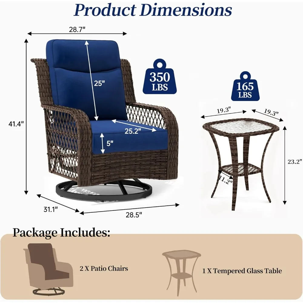 Outdoor Swivel Rocker Chairs 3 Pieces Wicker Swivel Patio Chair with Rattan Side Table, 5" Extra Thick Cushions and 25" Full Sup