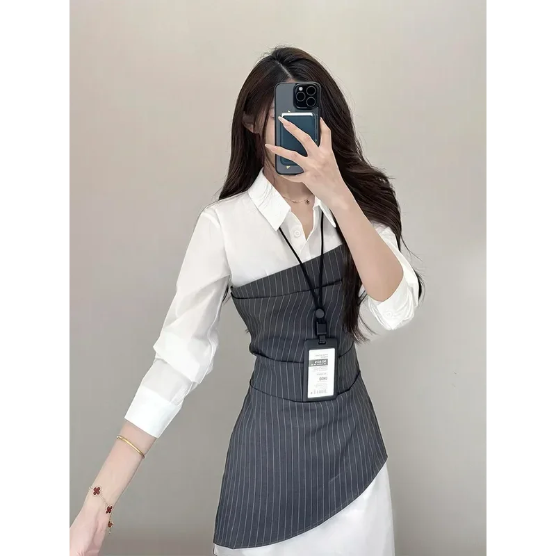 Women's Clothing Pullover Lapel Long Sleeve Button Splicing Stripe Contrast Color Fake Two Piece Commuting Fashion Dress